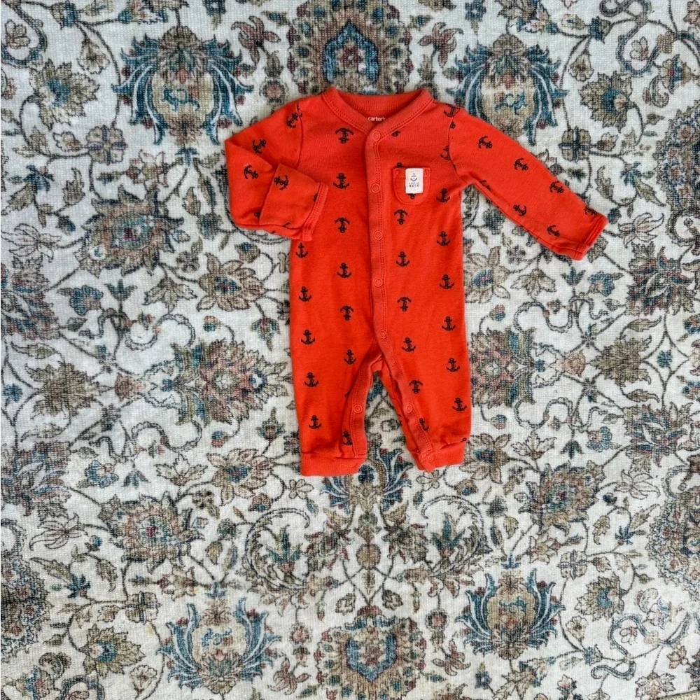Y2K Carter’s Newborn Nautical Anchor Print Button Snap Romper One Piece Footless